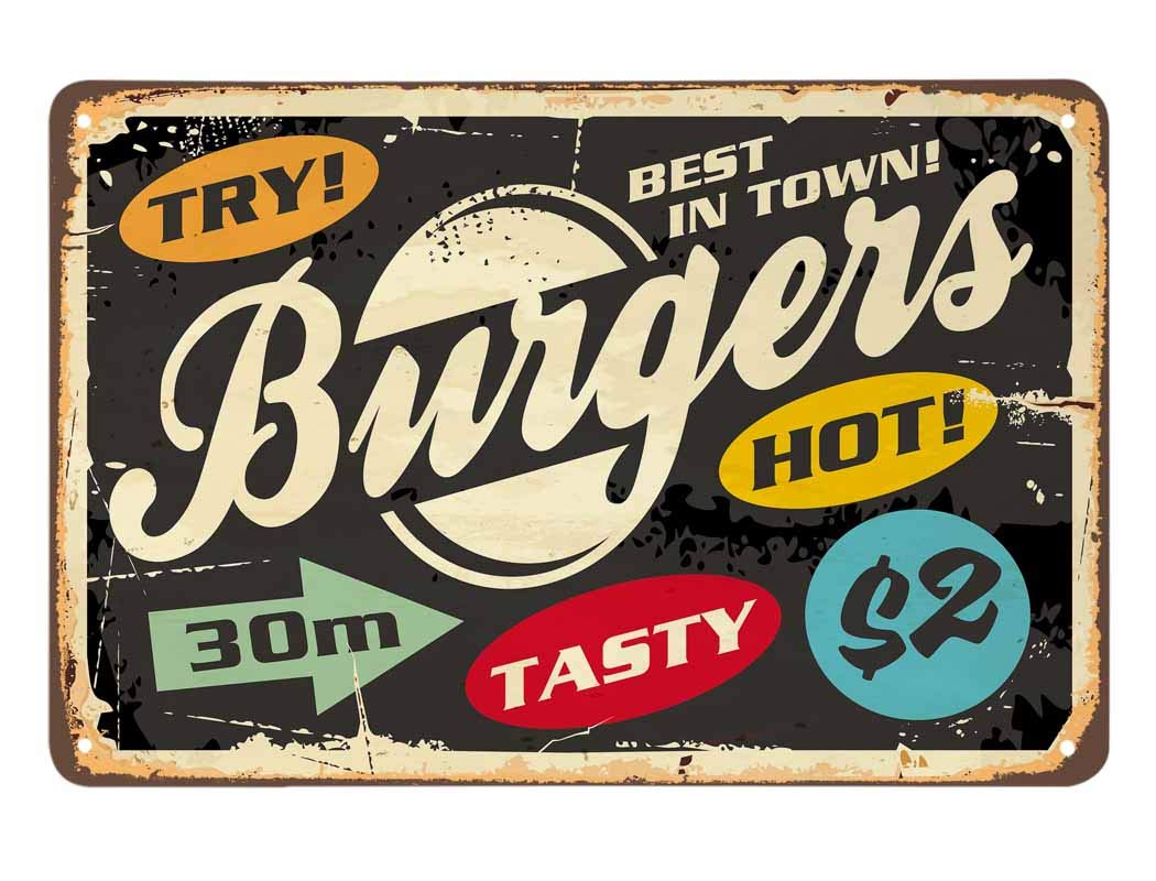 SMAZDFXX Burger Tin Sign,Hot Delicious Stain Oval Circle Arrow Geometric Retro Spotted Grain Dot Vintage Metal Tin Signs for Cafes Bars Pubs Shop Wall Decorative Funny Retro Signs 8"x12"