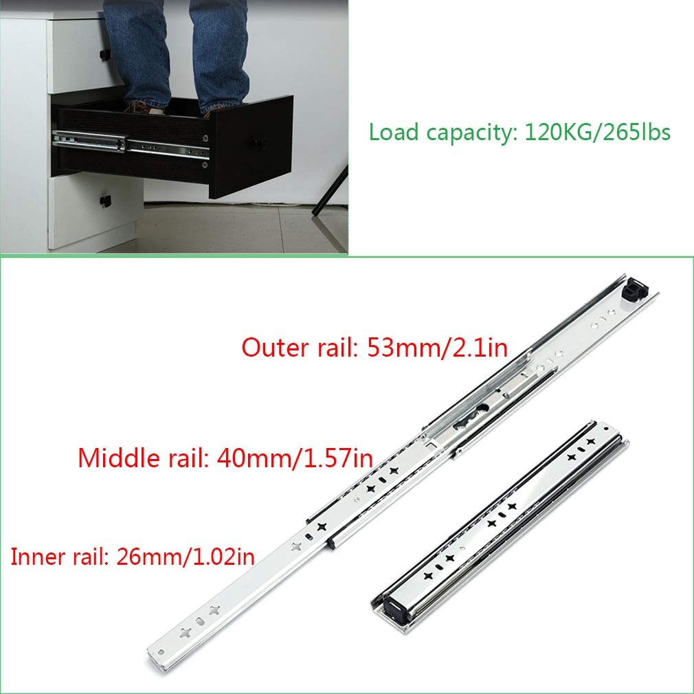 1 Paire,Résistante Coulisses de Tiroir,Rails de Sourdine À Trois Sections,Rail Coulissant et Dispositif de Sécurité 120kg/265lbs,Coulisses Commode Acier Laminé À Froid (500mm(20inch))