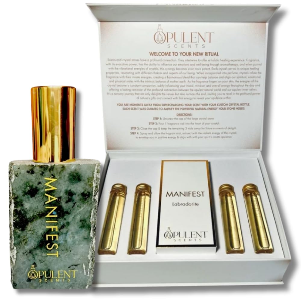 MANIFEST Labradorite Crystal Perfume 3.4oz | Third Eye Chakra Healing & Ayurvedic Aromatherapy | Long-Lasting Mint Luxury EDP | Spiritual Gift for Men & Women