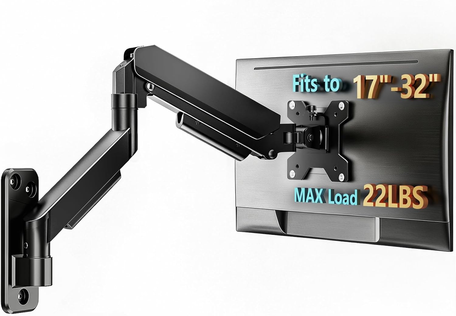 Single Monitor Wall Mount for 17 to 32 inch Flat/Curved Computer Screens,Full Motion Adjustable Monitor Wall Arm Holds Up to 22lbs,VESA Wall Mount 75x75/100x100, Black