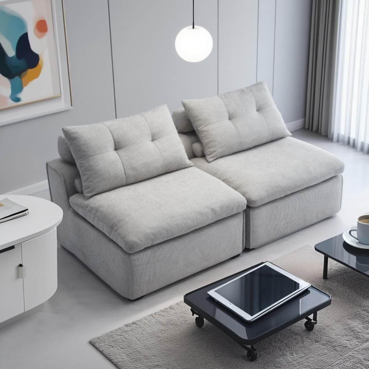 66" Corduroy Modular Lounge Chair with 4 Toss Pillows, Sectional Loveseat Sofa with High-Density Foam Cushion for Living Room,Bedroom,Apartment,Reading Room