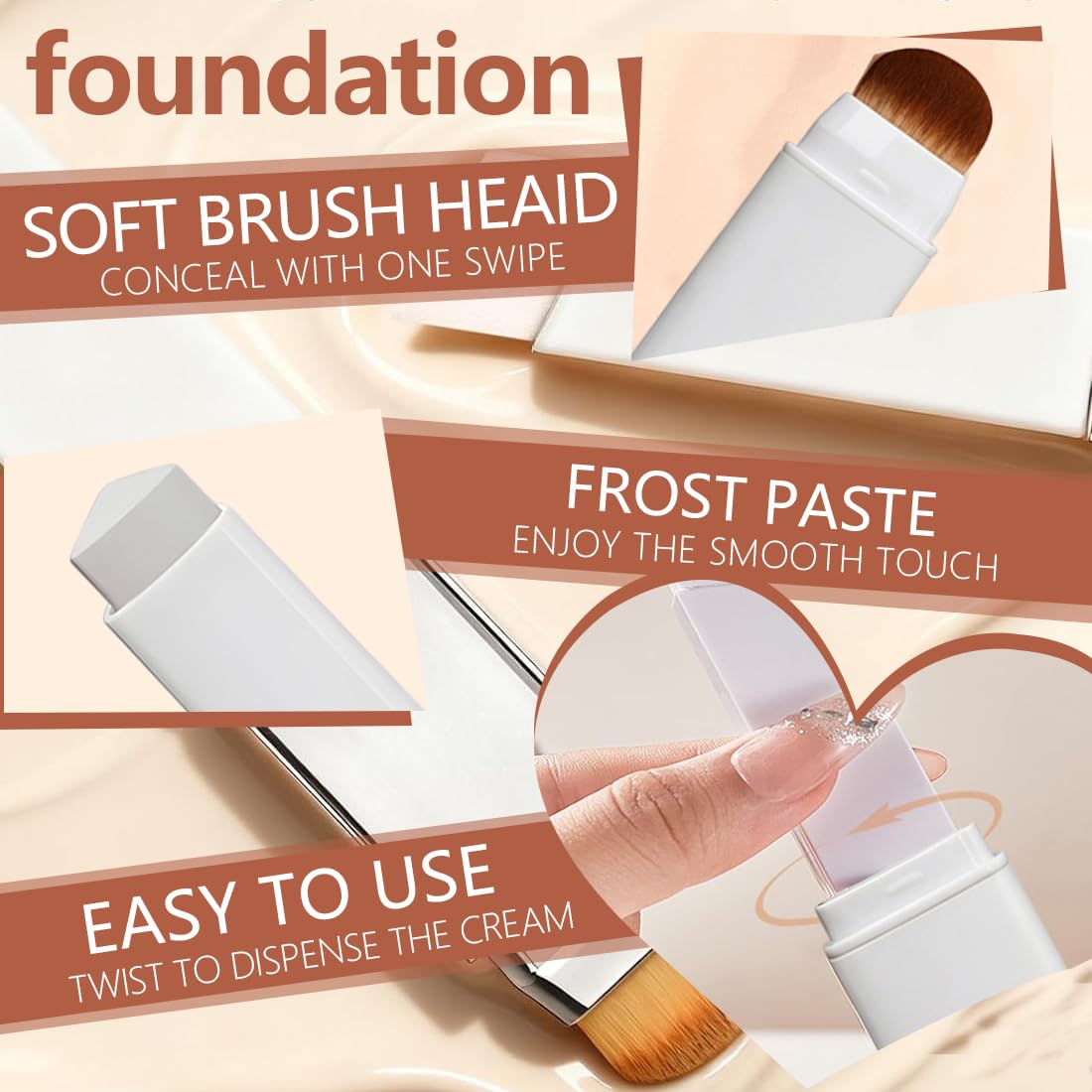 Barra de Base de Maquillaje con Cambio de Color – Tono Blanco, Base de Maquillaje Coreana Aclarante con Pincel, Stick Iluminador de Cobertura Ligera, Incluye 2 Esponjas — view 6