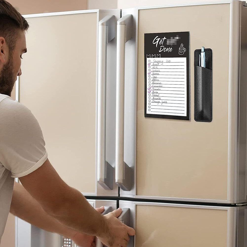 Goodern Full Back Magnetic Fridge Notepads,Magnetic List Notepad Funny Grocery List Pad Magnetic Back-Memo Notepad with PU Leather Pen Holder,Refrigerator Notepads for Shopping List To-Do List Recipes