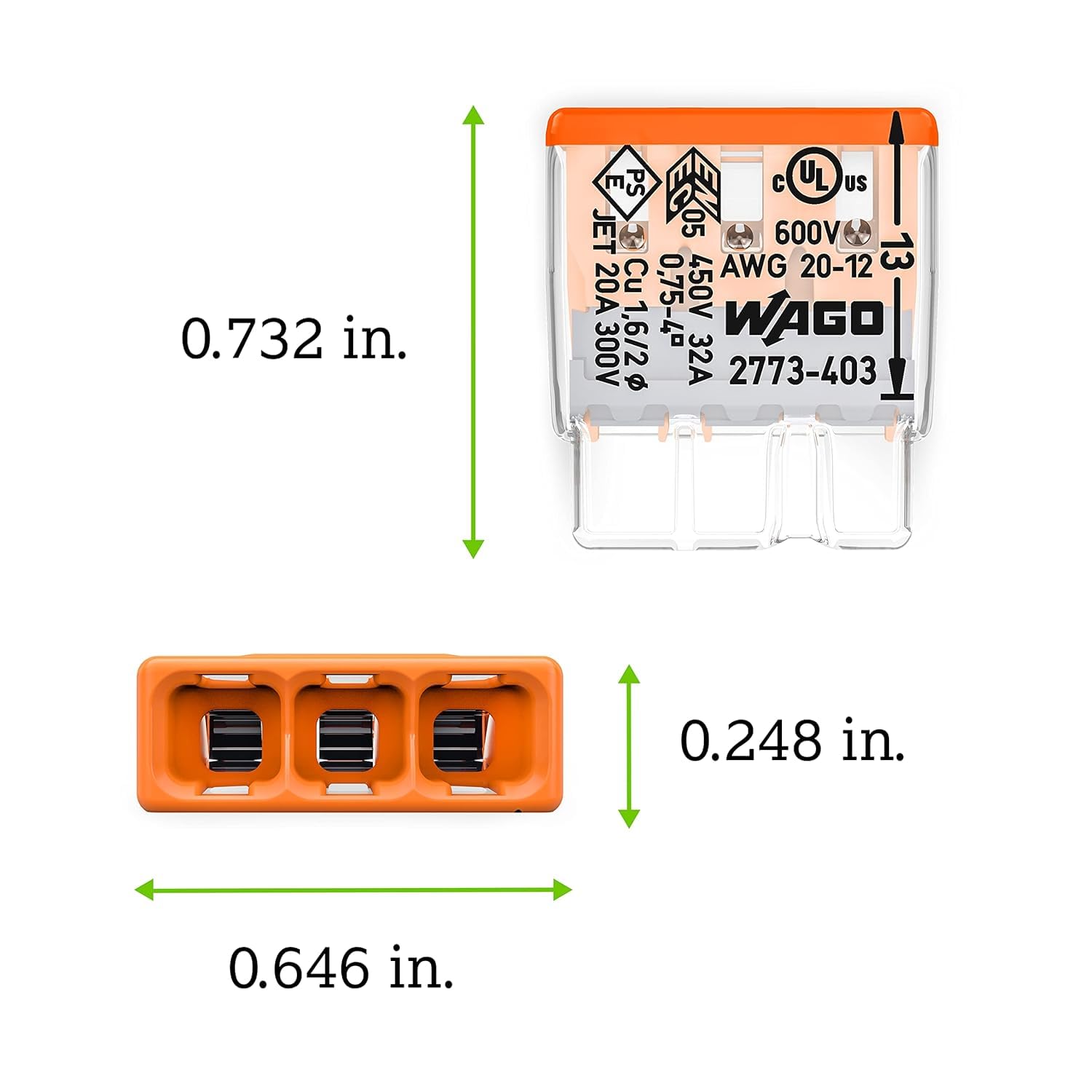 2773-403 | WAGO Wall-Nuts® PUSHWIRE® Splicing Connector | for Solid and Stranded Conductors | 3-Conductor | Orange Cover | [Jar of 250 Pieces]