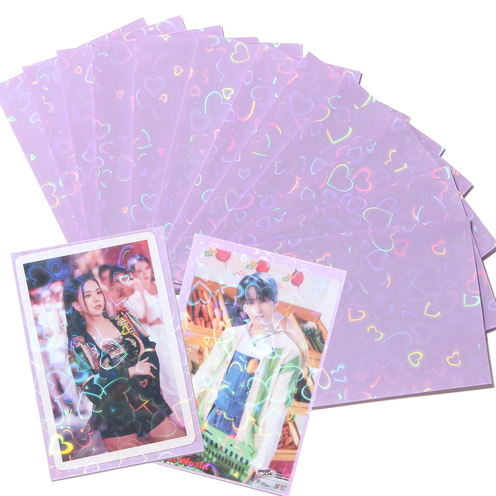 50pcs Laser Flashing Kpop Holographic Clear Card Sleeves - Purple, 61x91mm, Perfect For Baseball & Trading Cards