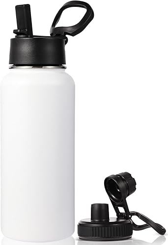 Miniatura 42 de Neihepal - Botellas de agua aisladas de 32 onzas a granel con 2 tapas (pajita y boquilla), botella de agua de acero inoxidable de doble pared, Azul