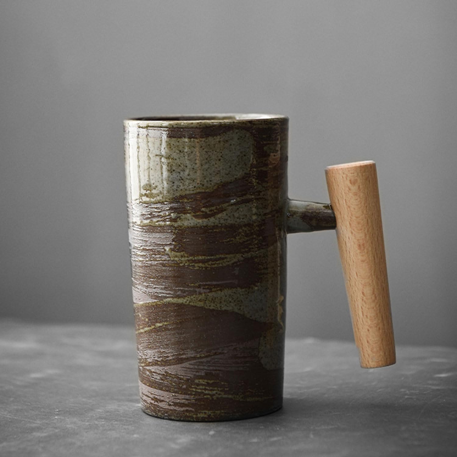 ERBO Coffee Cup Cappuccino Cups 220 ml, Ceramic Cup, Espresso Cups, Tea Cups, Coffee Cups with Wooden Handle, Stoneware Cups for Coffee, Latte and Tea, Artist Design Cup, B