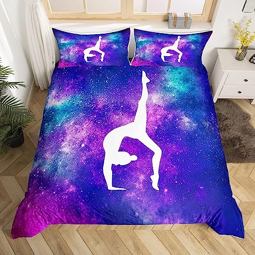 Gymnastik-Bettbezug, Einzelgröße für Mädchen & Frauen, Geschenk, Gymnastikliebhaber, Bettwäsche-Set, Violett, Galaxie, Tagesdecke, Batik, Glitzer, Blau, Lila, Trösterbezug, 2-teilig