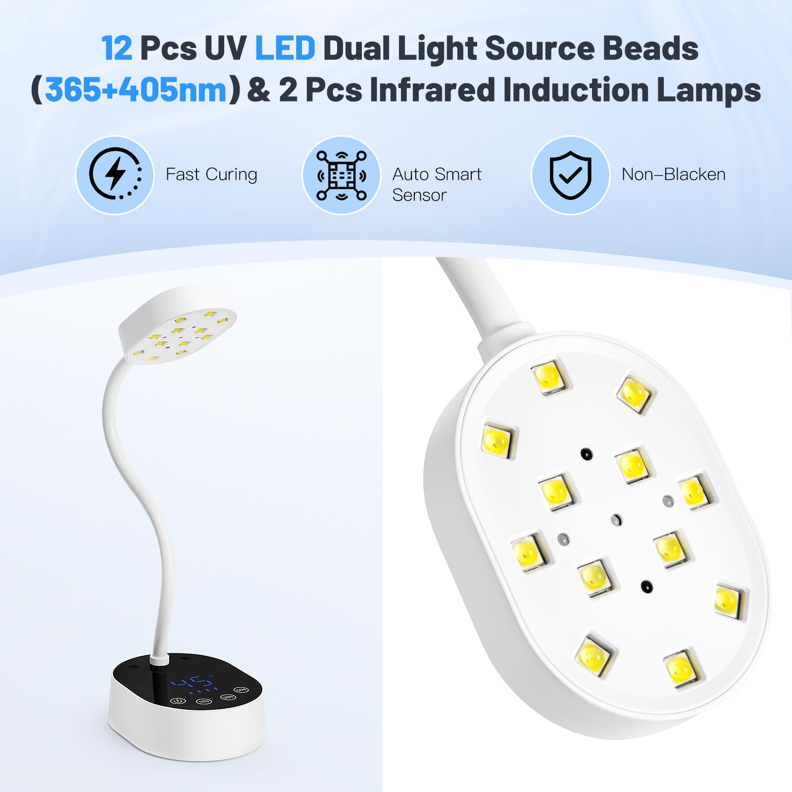Lampada UV LED per unghie, senza fili, a collo di cigno con sensore automatico e touch screen, 4 modalità di timer, mini asciugatore per unghie in gel, ideale per salone e uso domestico