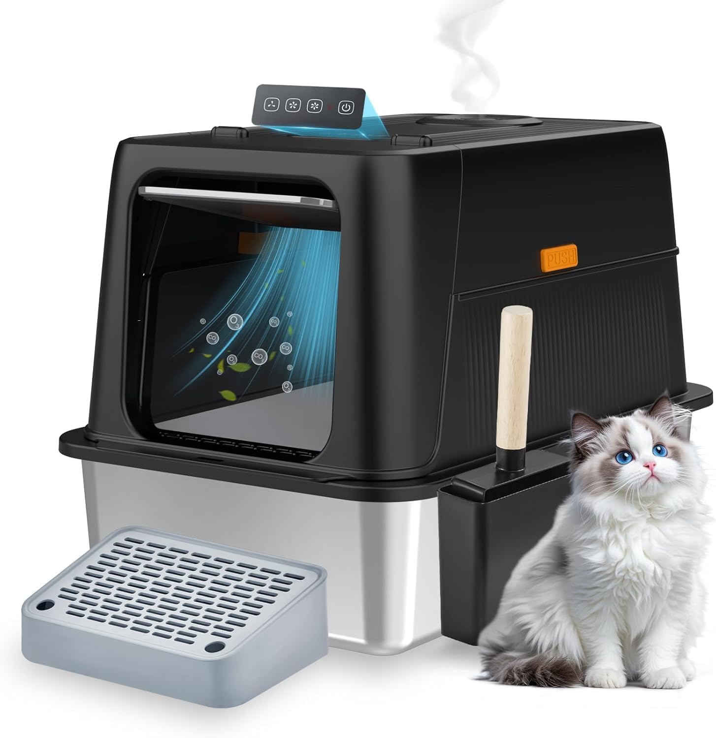 Smart Infrared Sensor Stainless Steel Litter Box with Lid, Breeze Litter Box System Smart Odor Control, Enclosed Cat Litter Box with 180° Flip-Top Entrance, Metal Cat Box Enclosure Non-Stick