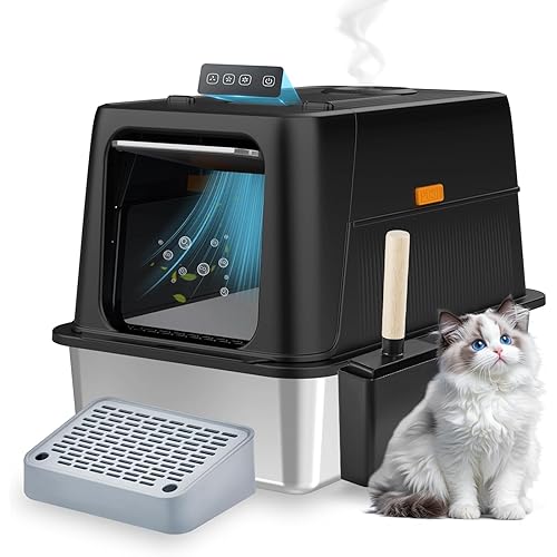 2025 Smart Infrared Sensor Stainless Steel Litter Box with Lid, Breeze Litter Box System Smart Odor Control, Enclosed Cat Litter Box with 180° Flip-Top Entrance, Metal Cat Box Enclosure Non-Stick