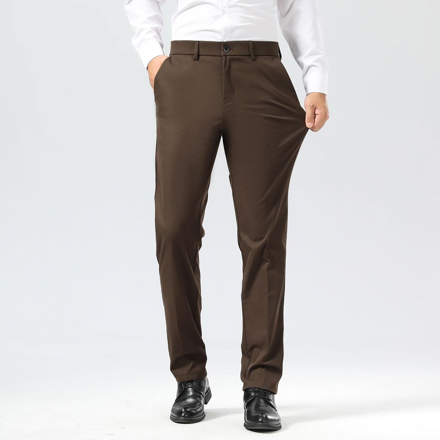 Plaid&Plain Men's Dress Pants Slim Fit Stretch Khaki Pants Wrinkle Free - Image 2
