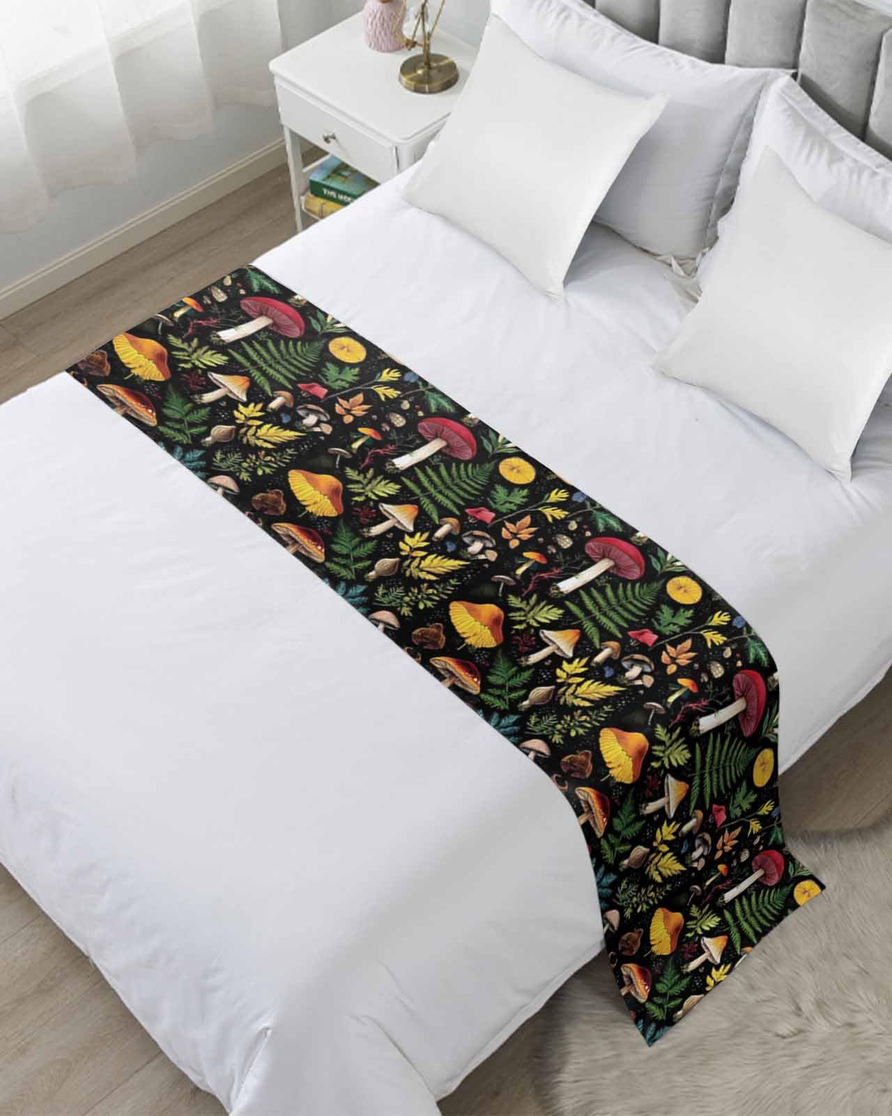 Retro Mushroom Bed Runner for King Size, Spring Summer Botanical Leaves Black Bedspread Protector Slipcover Bed Scarf for Foot Runners & Scarves for Bedroom Hotel Wedding Room 102x20 Inches