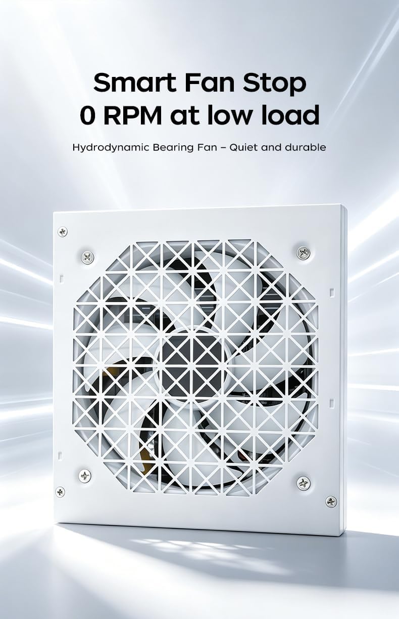 Alimentatore PC ATX ProGaming 1000W 80 Plus Gold, Completamente Modulare, PCIe 5.0, Connettore a 16 Pin 12VHPWR, PFC Attivo, DC-DC, Condensatori Giapponesi, Ventola da 120 mm I-Stop, Bianco