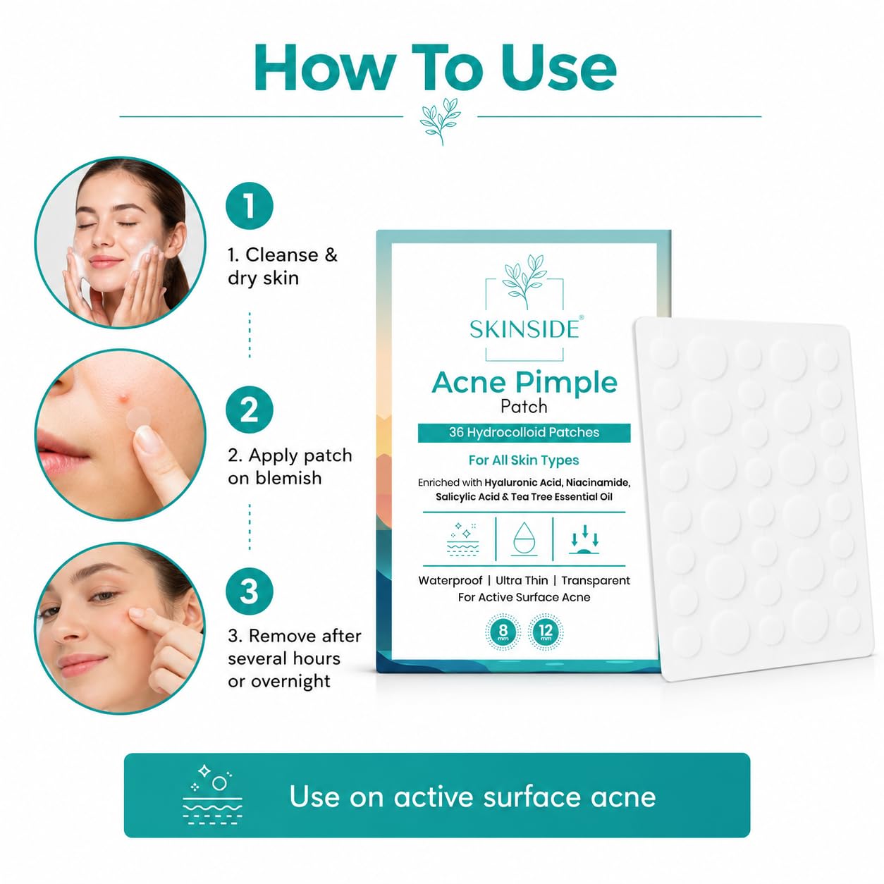 Skinside Acne Pimple Patches with 1.5% Salicylic Acid for Face Pimples | Hydrocolloid Facial Patches for Pimple Healing | Invisible Waterproof Absorbs Excess Oil & Pimple Overnight (36 Patches) 1