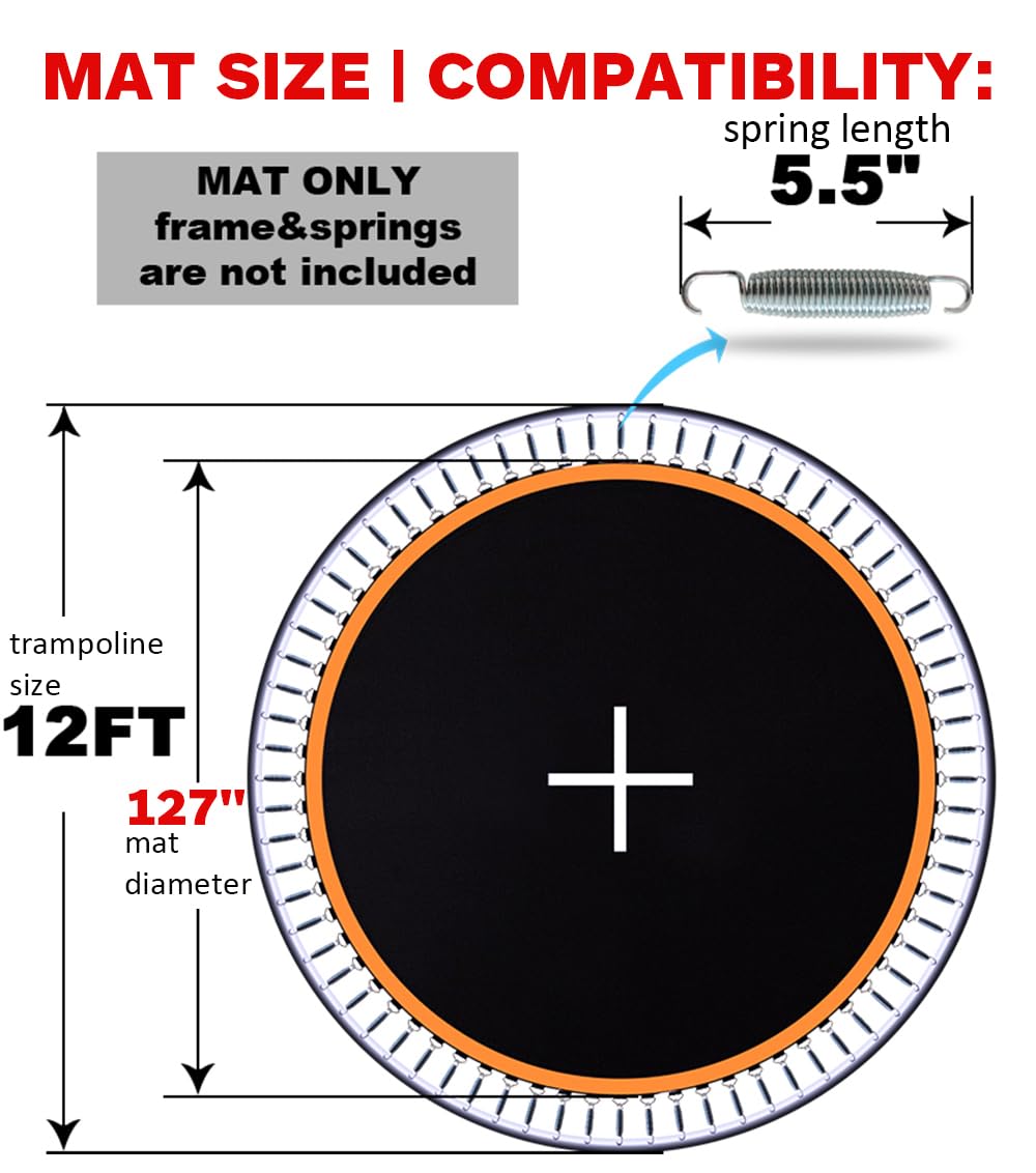 Trampoline Mat, Fits for 12ft Frame with 72 V-Rings Fits 5.5 inch Springs, Trampoline Mat Replacement(Mat Dia:127in), Reinforce, UV-Resistant, with Spring Hook and Gloves, Not Include Spring