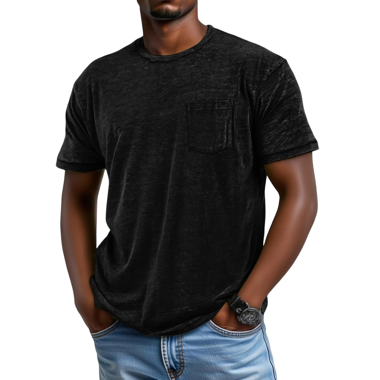 Men Dressy Short Sleeve Tops Fashion Solid Color Shirt Crew Neck Tshirts Stylish Tshirts with Chest Pocket
