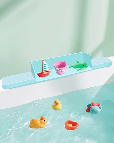 bathiin Splash Guard for Bathtub, Bath Tub Splash Guard with 7 Suction Cups, Bath Toy Holder, Tub Play Shelf for Kids, Bathtub Side Tray, Toddler Bathroom Essentials, 1 Pack, Blue