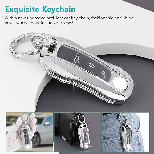 Miniatura 5 de PIFOOG Accesorios para Porsche 911 Cayenne Taycan Panamera Bling Key Fob Cover Smart Remote Key Shell Case Protector Crystal Zinc Alloy Silver 1 PC