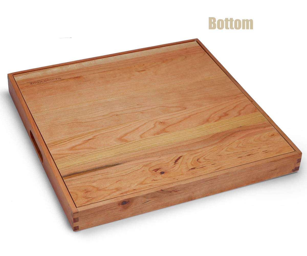 Grand plateau de service carré en bois de cerisier 48,3 x 48,3 cm avec poignées, pour servir du thé, du café