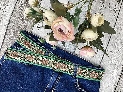 Green Tan Red Women Fabric Belt, 1.5" Wide Cotton Webbing Belts, Jacquard Ribbon Waist Accessorys, Canvas D-Ring Summer Belt4