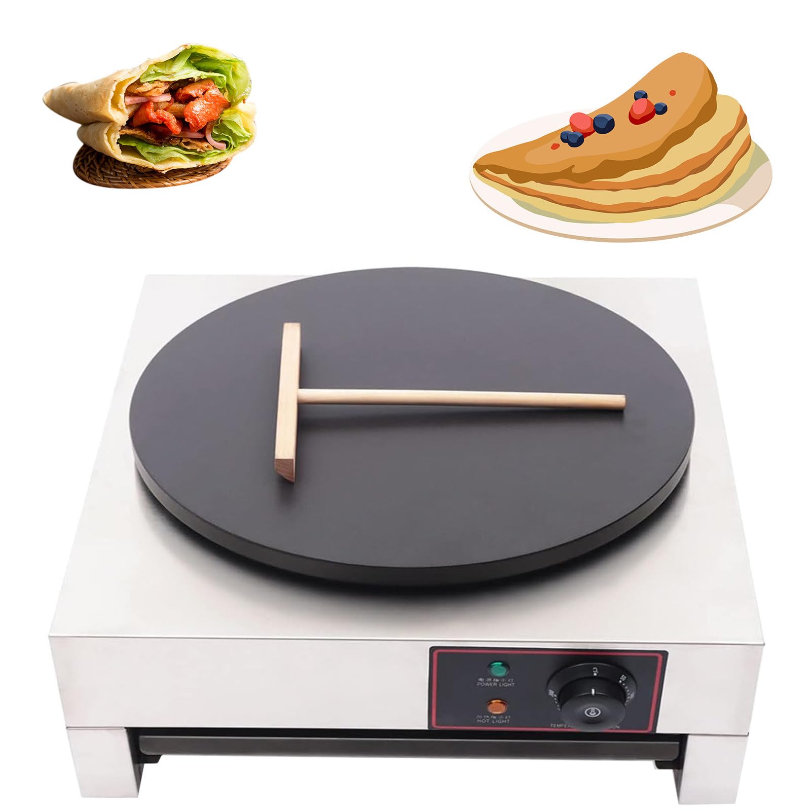 JJENXYYDS Batter Spreader Nonstick 16” Griddle,Single Head Stainless Steel Pancake Oven,Commercial Crepe Maker,Adjustable Temperature with A Drawer Type Warmer for Roti, Tortilla, Eggs
