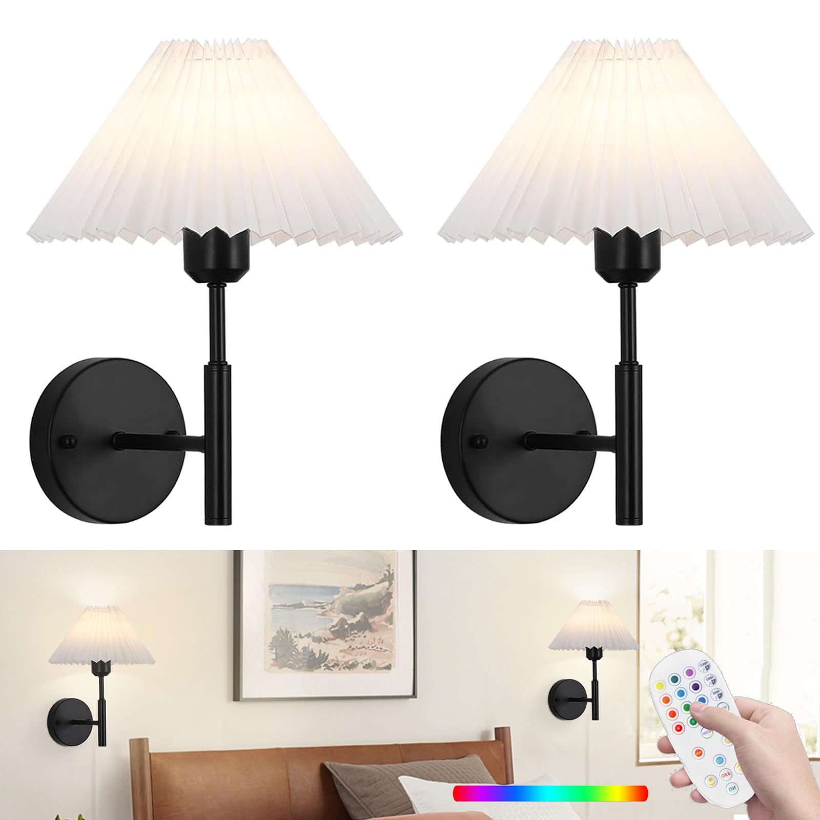 Battery Operated wall sconces Set of Two,Rechargeable Wall Lights with Remote Control,Wireless Wall Sconce Dimmable,15 Color Changing,Black Battery Wall Lamp for Bedroom Living Room Hallway