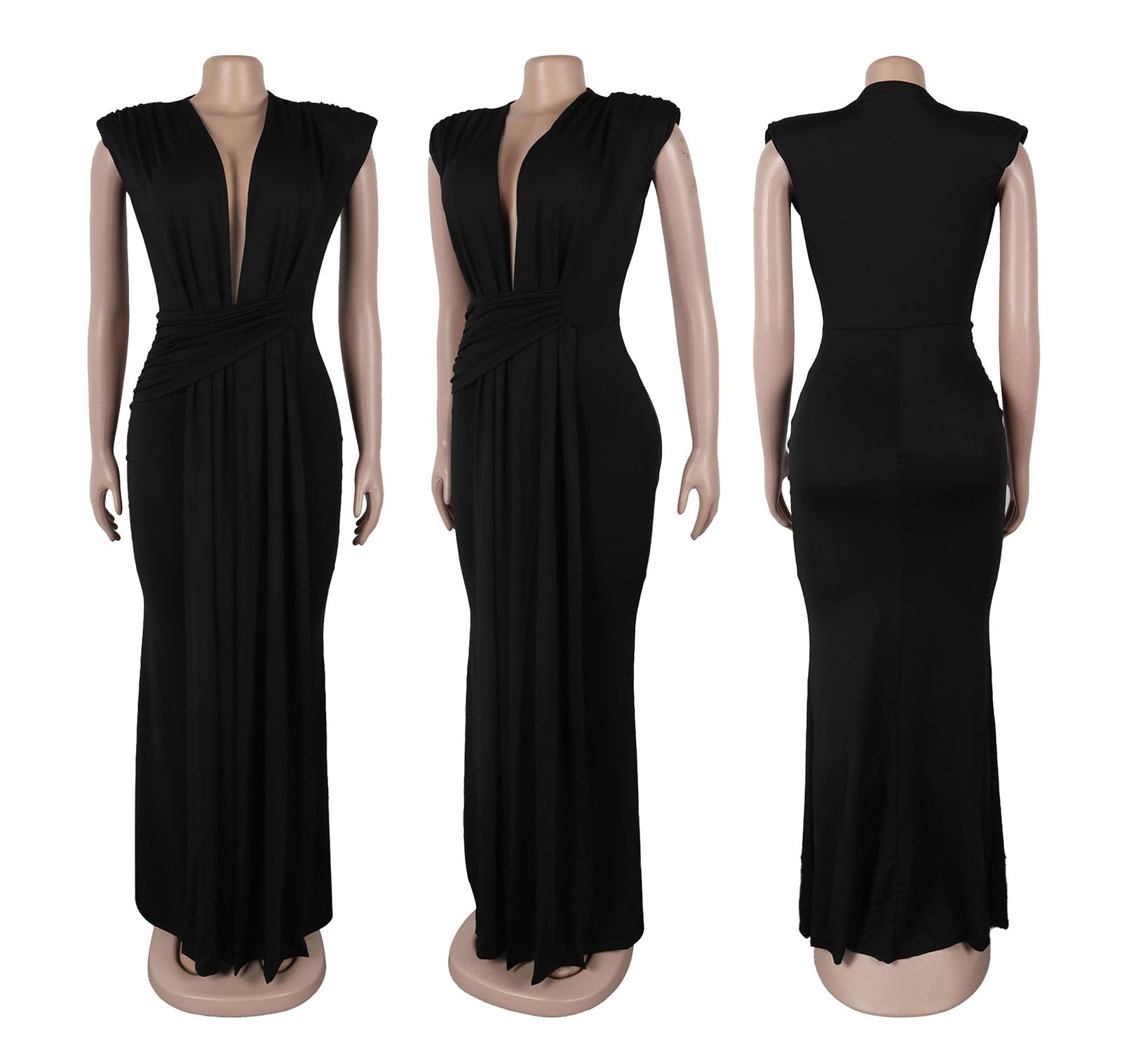 Vestido Largo sin Mangas con Cuello en V Profundo y Sexy para Mujer Vestido Largo Ajustado con Pliegues hasta el Suelo para Fiesta de Noche Formal