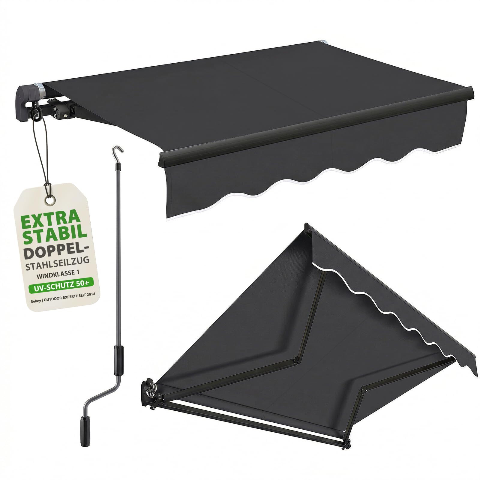 Sekey Gelenkarmmarkise mit Handkurbel, 0-53° stufenlos neigbar, Doppel-Stahlseilzug, 280g/m² Polyester wasserdicht, Sonnenschutz