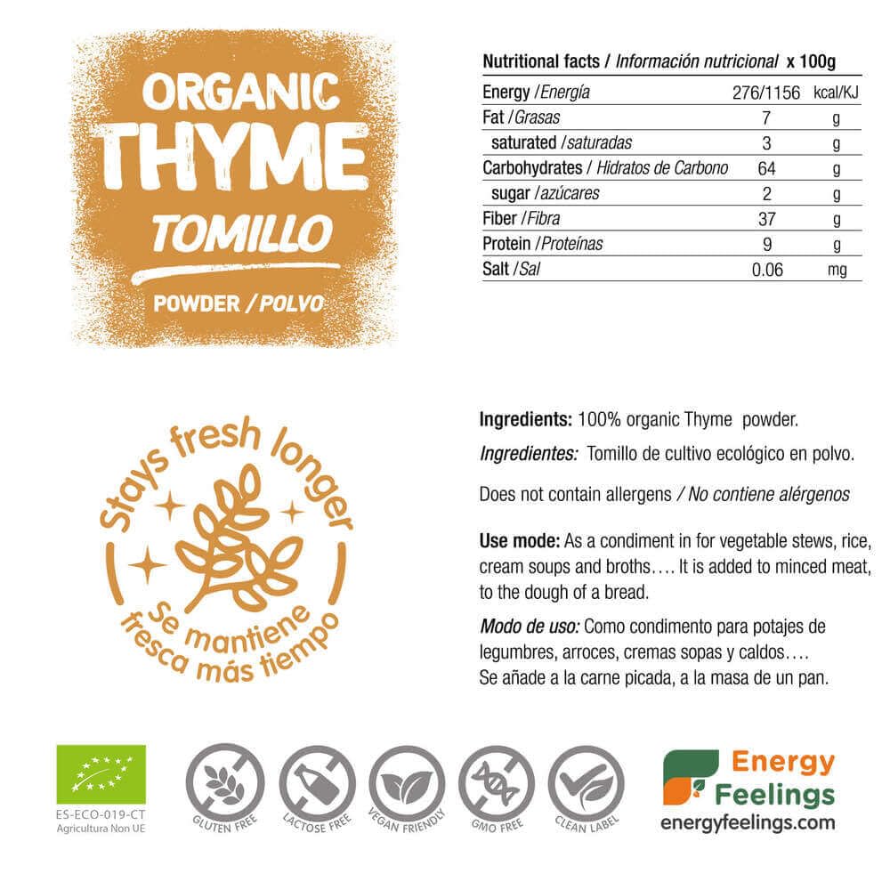 Energy Feelings Timo Bio disidratato in Polvere 200g |100% Timo Naturale Bio disidratato senza additivi o zuccheri aggiunti | Vegan senza glutine senza lattosio | Ideale per l'infusione di timo
