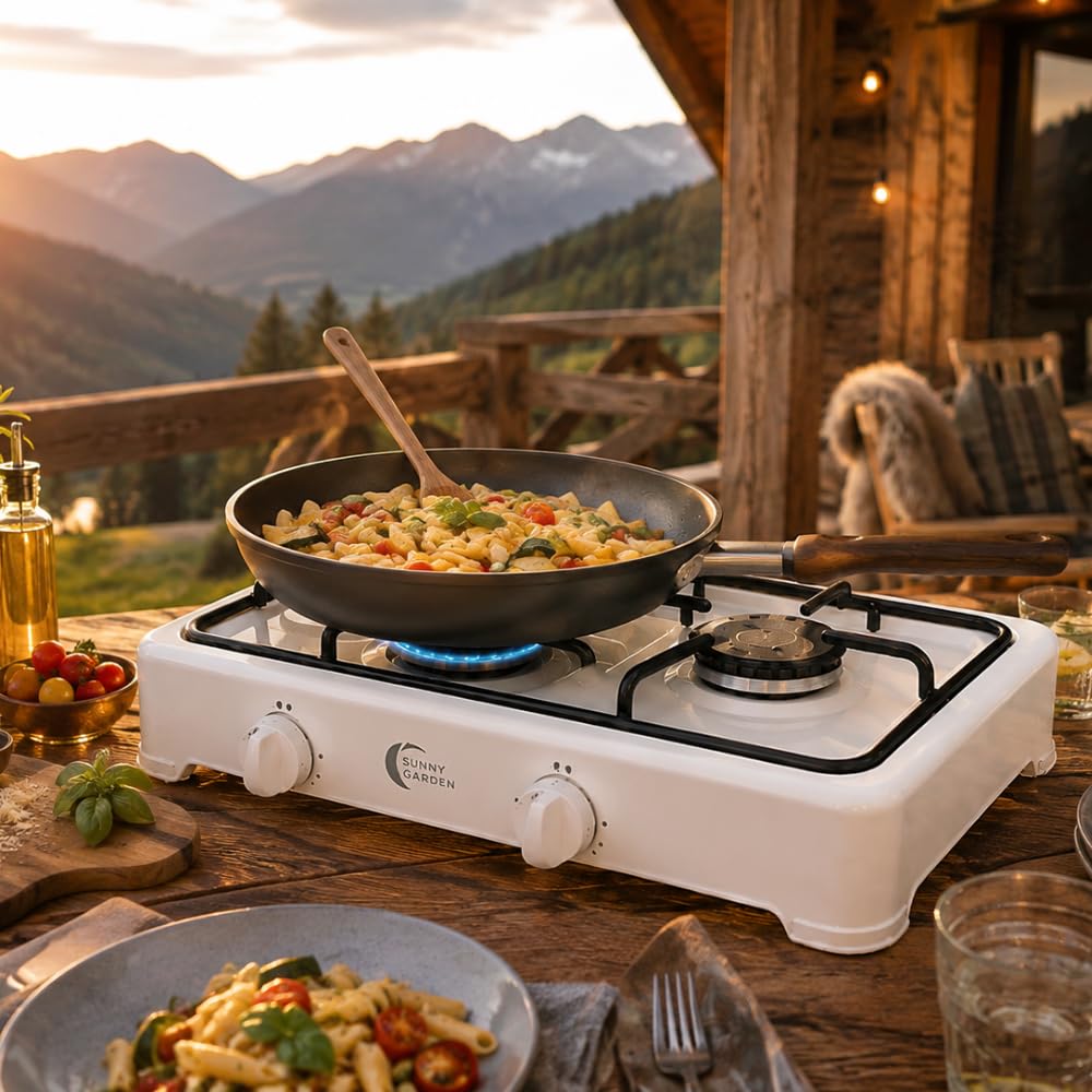 Réchaud à gaz portable 2 feux | Contrôle de flamme | Réchaud de camping compact avec couvercle | Idéal pour le camping, l'extérieur, les voyages | 4 patins en caoutchouc antidérapants | Couleur blanc