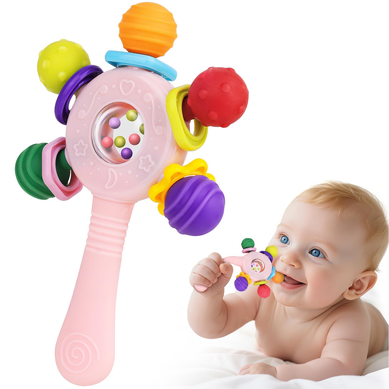 Baby Toys 0-6 Months,Sensory Toy for Baby 0-6 Months Montessori Rattle Early Educational Teething Toys for Babies Teether Chew Partner Gift for Newborn Boys and Grils(Pink)