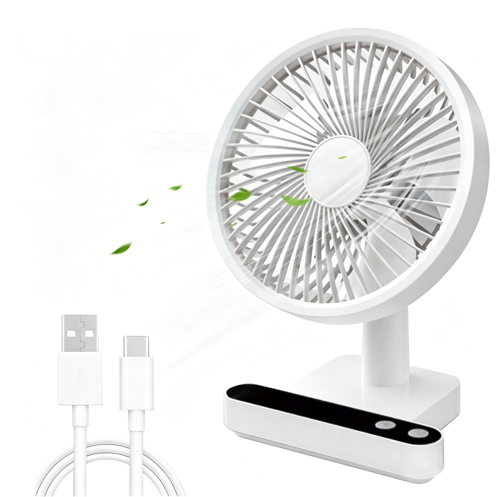 Mini Ventilador Silencioso USB, 5000mAh Recargable, 4 Velocidades, 180° Oscilación, Ventilador Portátil con Luz Indicador, Base de Silicona Antideslizante, para Oficina Salón Dormitorio (Blanco)