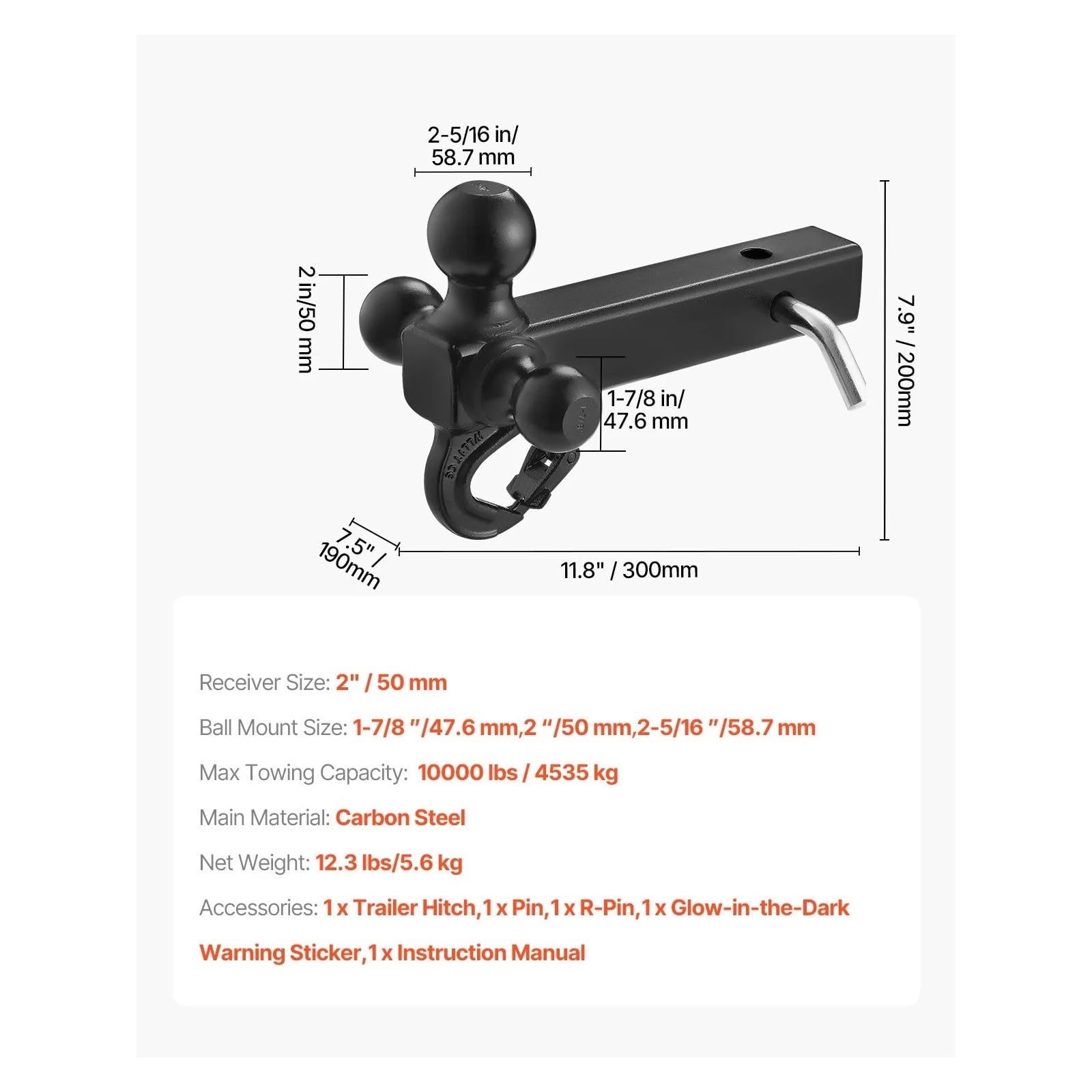 Gancio di traino, Supporto for gancio di traino Tri-Ball da 1-7/8", 2" e 2-5/16" con sfera perno for camion per camper, SUV, ATV, camion ecc