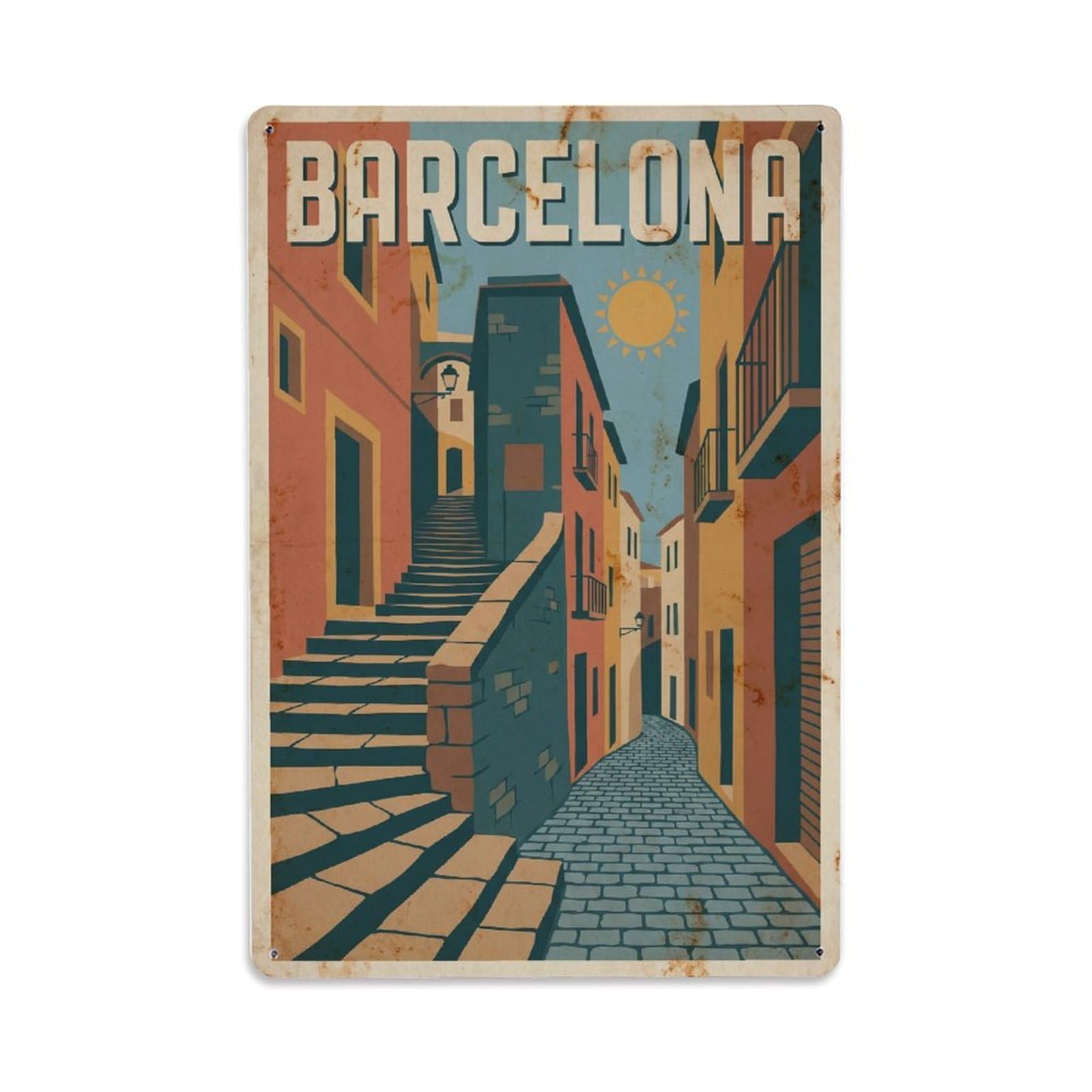 Vintage Travel Stairways Spain Winding Metal Tin Sign Plaque Wall Decor for Cafe, Club Bar, Office, Home Garden Metal Poster 8x12Inch