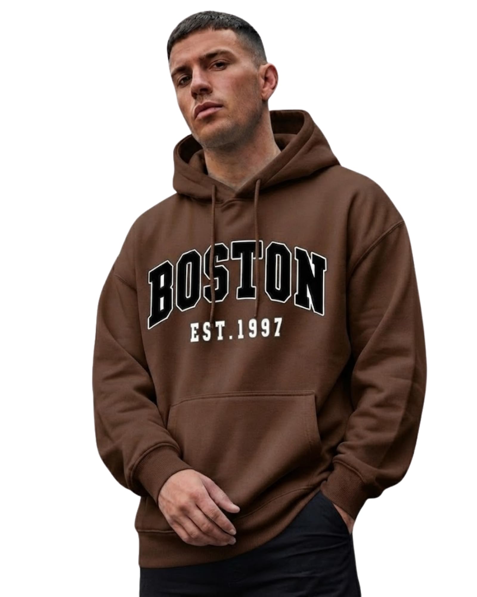Men's Oversized Hoodie –Graphic Text Boston 1997 Printed Fleece Sweatshirt-image-2
