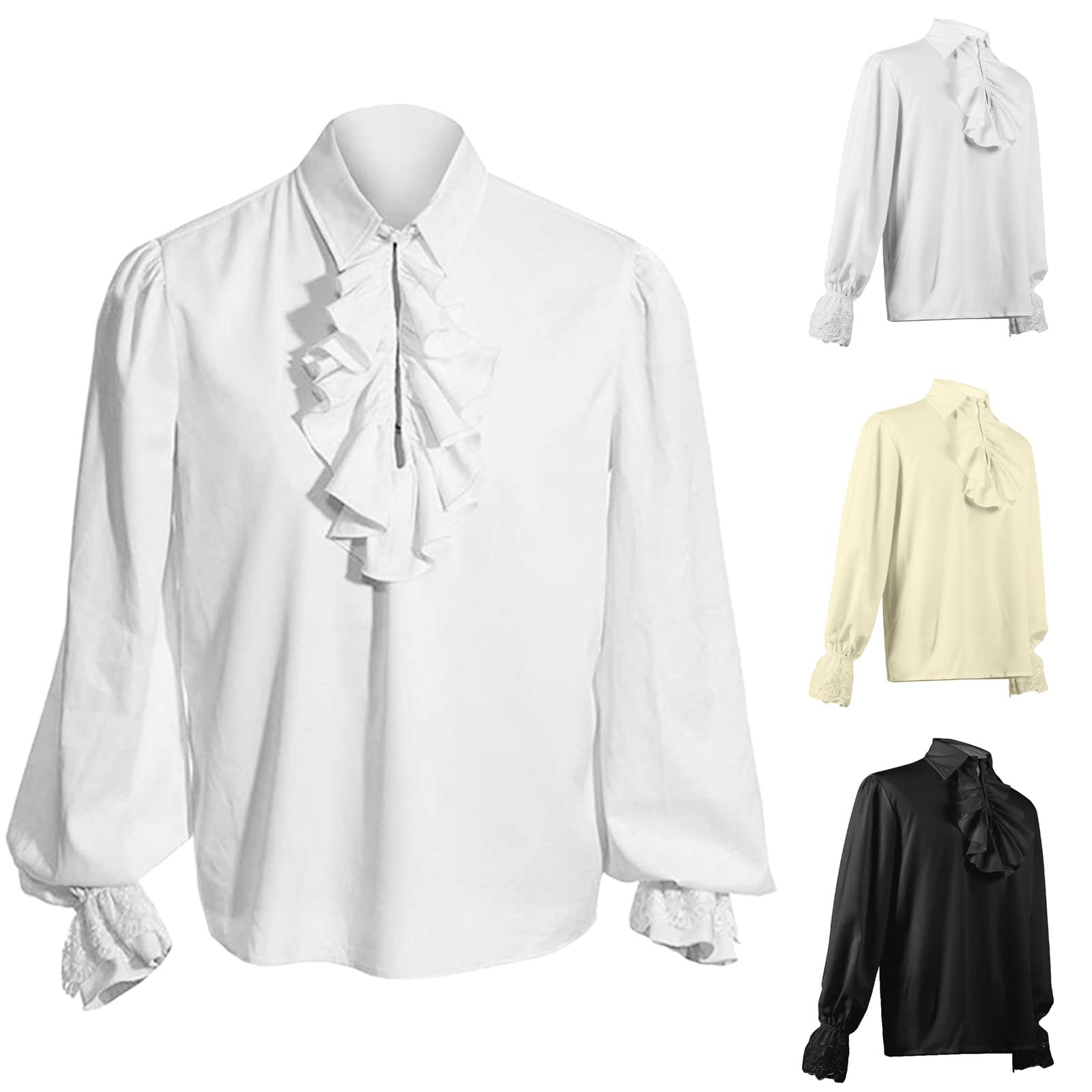 Victorian Shirt Men, Mens Victorian High Collar Shirt Classic Retro Style Renaissance Steampunk Victorian Tops Fashion Long Sleeve Jabot Collar Medieval Top With Ruffled Frilly Design Pirate Wear