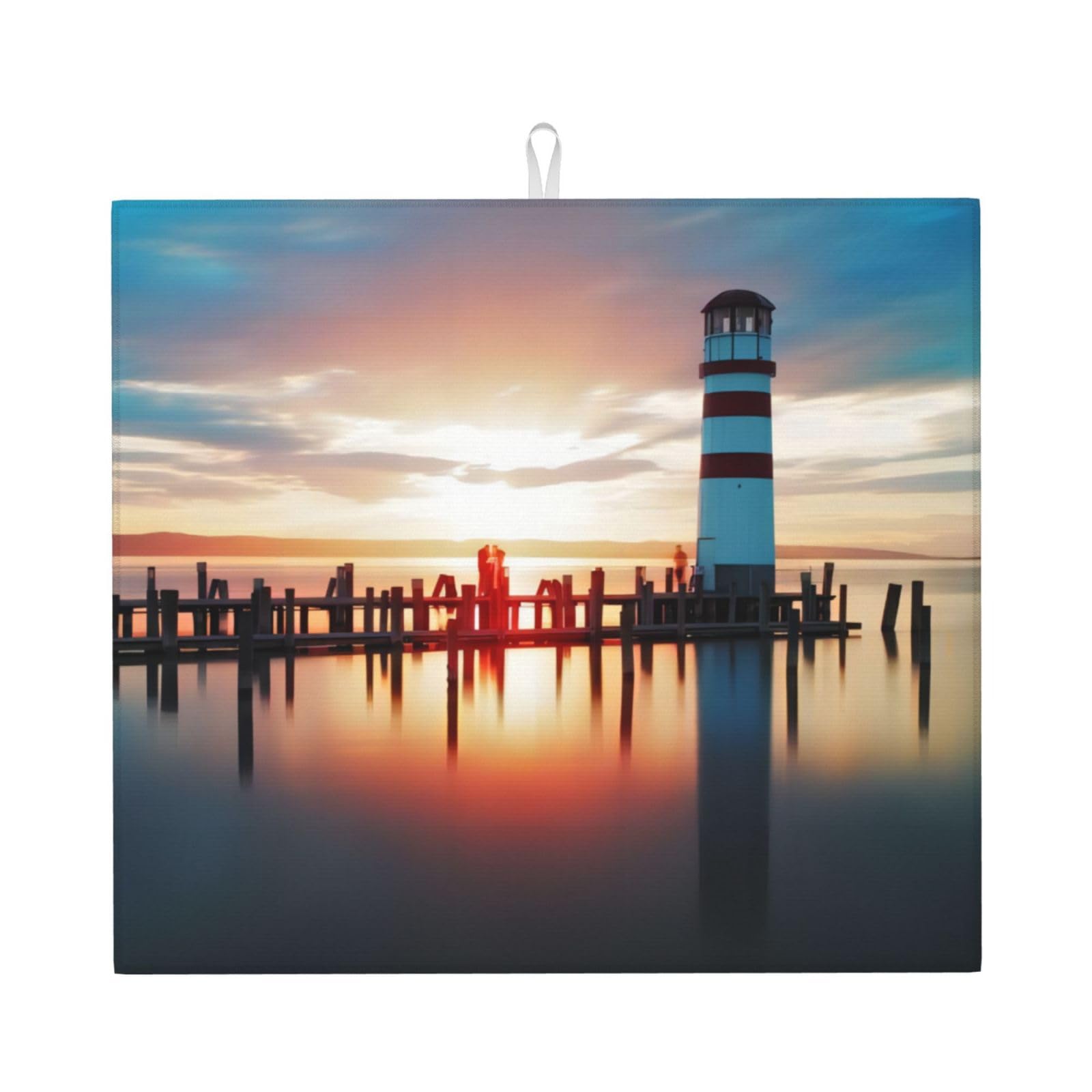WHJSSF Seaside Lighthouse Prints Kitchen Drying Mat - Absorbent Dish Drying Throw with Colorful Prints, Quick-Dry Countertop Layer for Dishes & Appliances - Non-Slip & Foldable