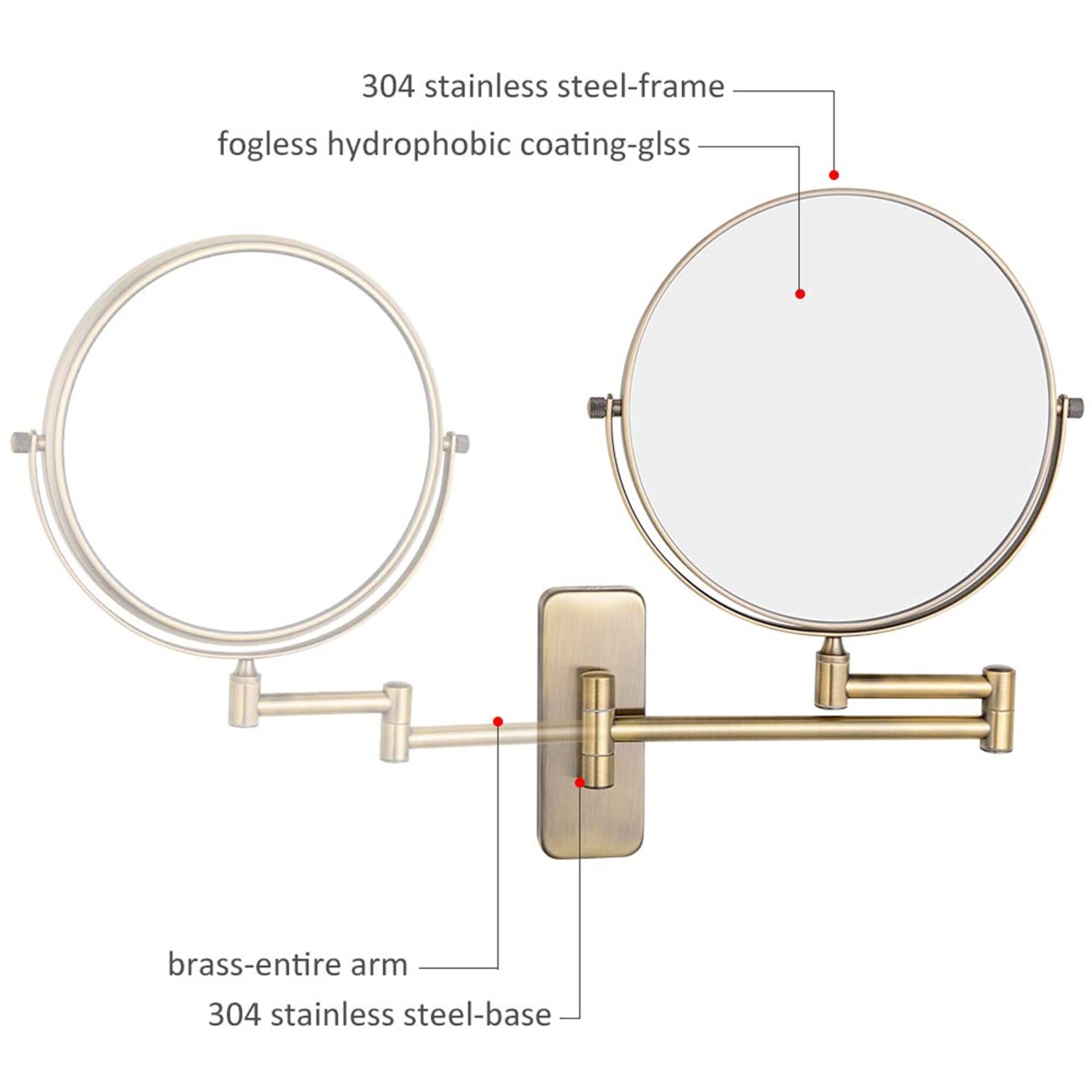 REWIS 8 Zoll (ca. 20 cm) großer, doppelseitiger, wandmontierter Kosmetikspiegel mit 10-facher Vergrößerung, 360° drehbarem Messing-Schminkspiegel, HD-Rasierspiegel,Bronze,D