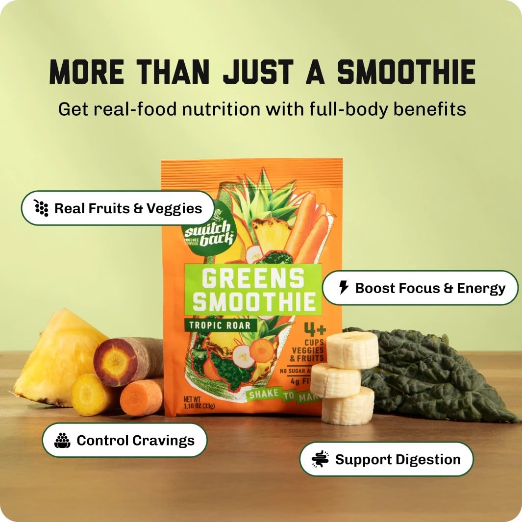 Switchback Whole Food Greens Smoothie Powder Mix (21-Pack) | No Algae Greens Taste for Picky Eaters | No Added Sugar | Clump-Free | Energy, Gut & Immune Health Vitamins | On-the-Go Travel Packets