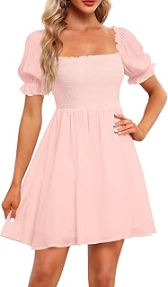 Women's Casual Square Neck Smocked Dress Shirred Ruffle Puff Sleeve High Waist Cute Flowy A-Line Short Dress - Buy now