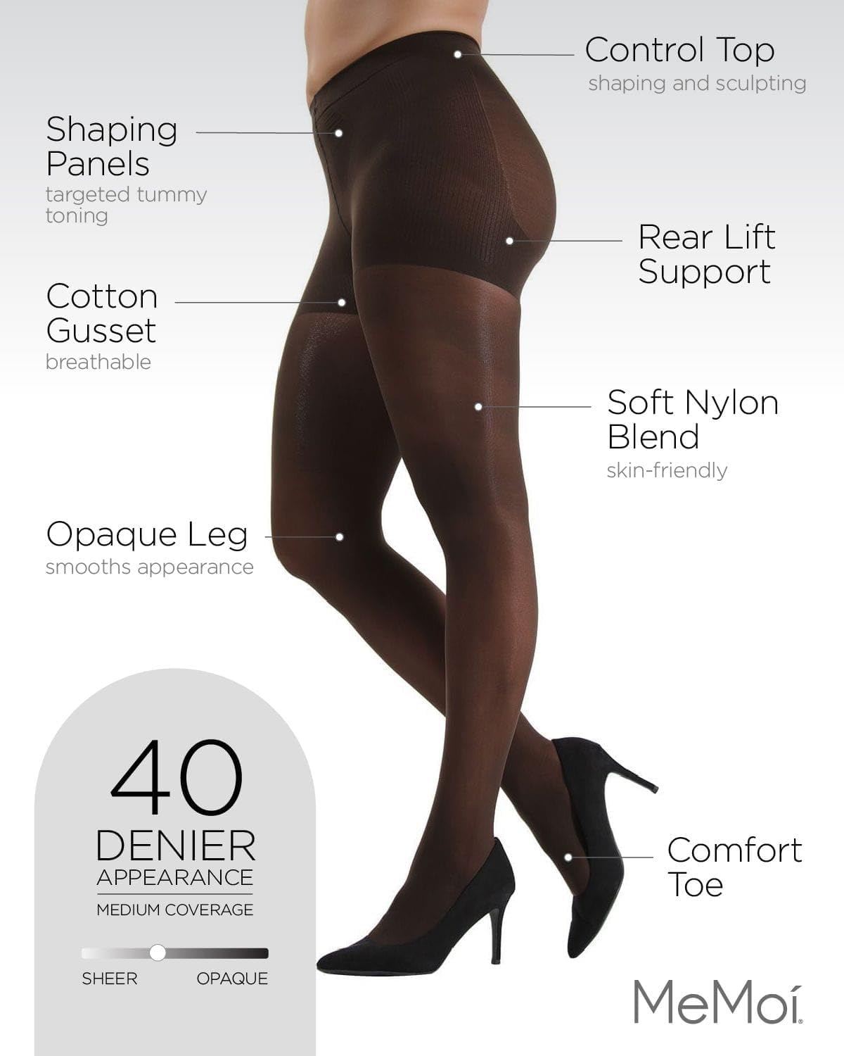 MeMoi Semi-Opaque Tights, Comfortable and Lightweight Control Top Tights, 40 Deneir - Sizes Small to Q2 - Image 3