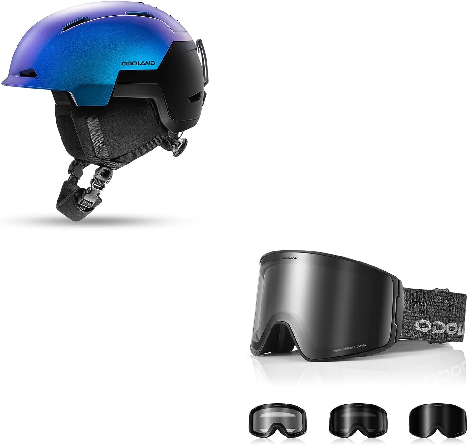 Odoland Bundle - 2 Items Ski Snowboard Helmet and Photochromic Ski Goggles, M