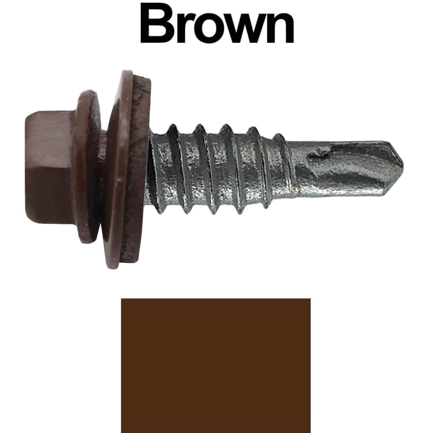 14 x 7/8" Brown - Stitch Tek Metal to Metal Type #1 Roofing Screws - Hex Washer Head - Drill Point - 9/16" EPDM Washer. 1 x 250 Count Bag - 250 Screws