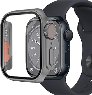 حافظة وشاشة حماية لساعة ابل سلسلة 7/8 مقاس 45 ملم مدمجة من الزجاج المقوى، غطاء شاشة صلب بتغطية كاملة من البولي كربونات لساعة اي ووتش من ميمول (رمادي)