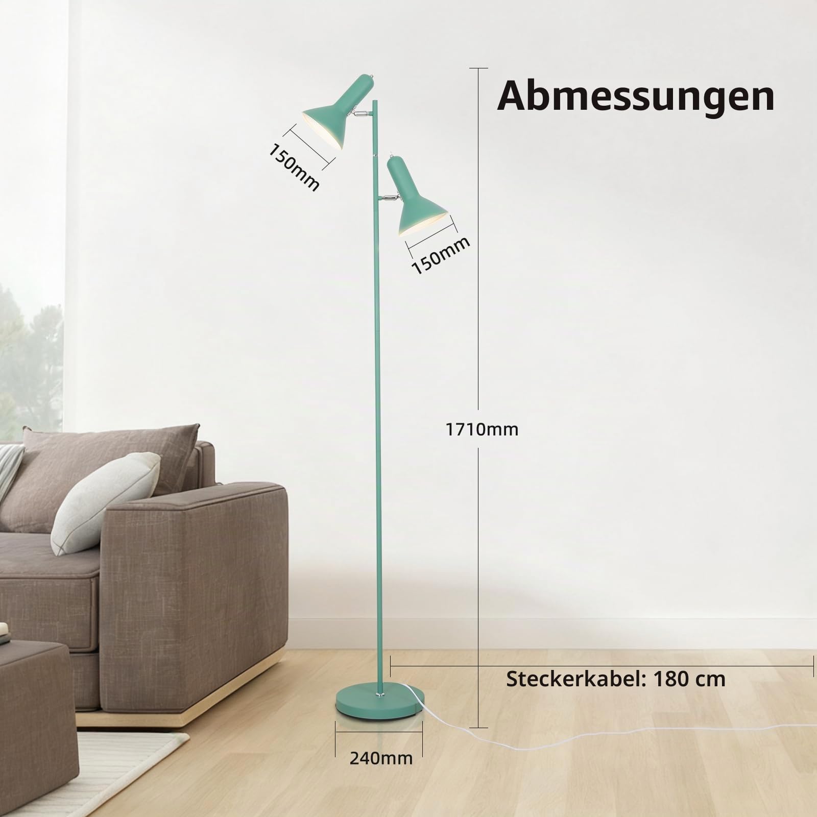 E27 Pflanzenlampe für Zimmerpflanzen, Stehlampe mit Ständer, 2 Flammig max. 60W(ohne Leuchtmittel), Metall Stehleuchte Pflanzenlicht Einstellbare Winkel mit Schalter für Sofa Wohnzimmer Büro, Grün