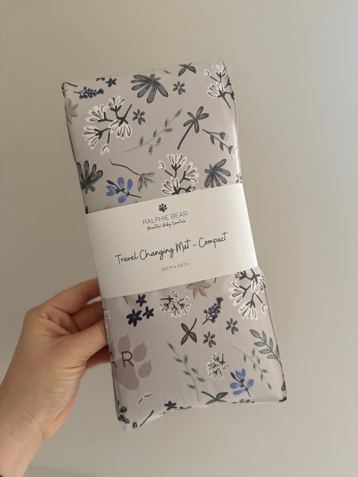 Ralphie Bear Baby Compact Travel Changing Mat, Portable, Folded and Fastened with Popper, Padded for Comfort, Wildflower Floral Neutral Beige Print, 60x40cm Laid Flat. Folded Size Approx 29x13cm.