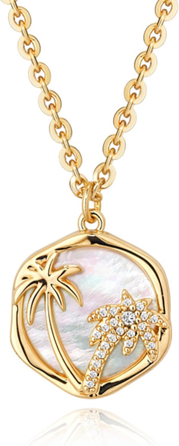 Fettero 14K Gold Plated Necklaces for Women Dainty Mother of Pearl Pendant, Love Heart | Palm Tree | Compass | Cross Charm MOP Gold Necklace Jewelry Gift