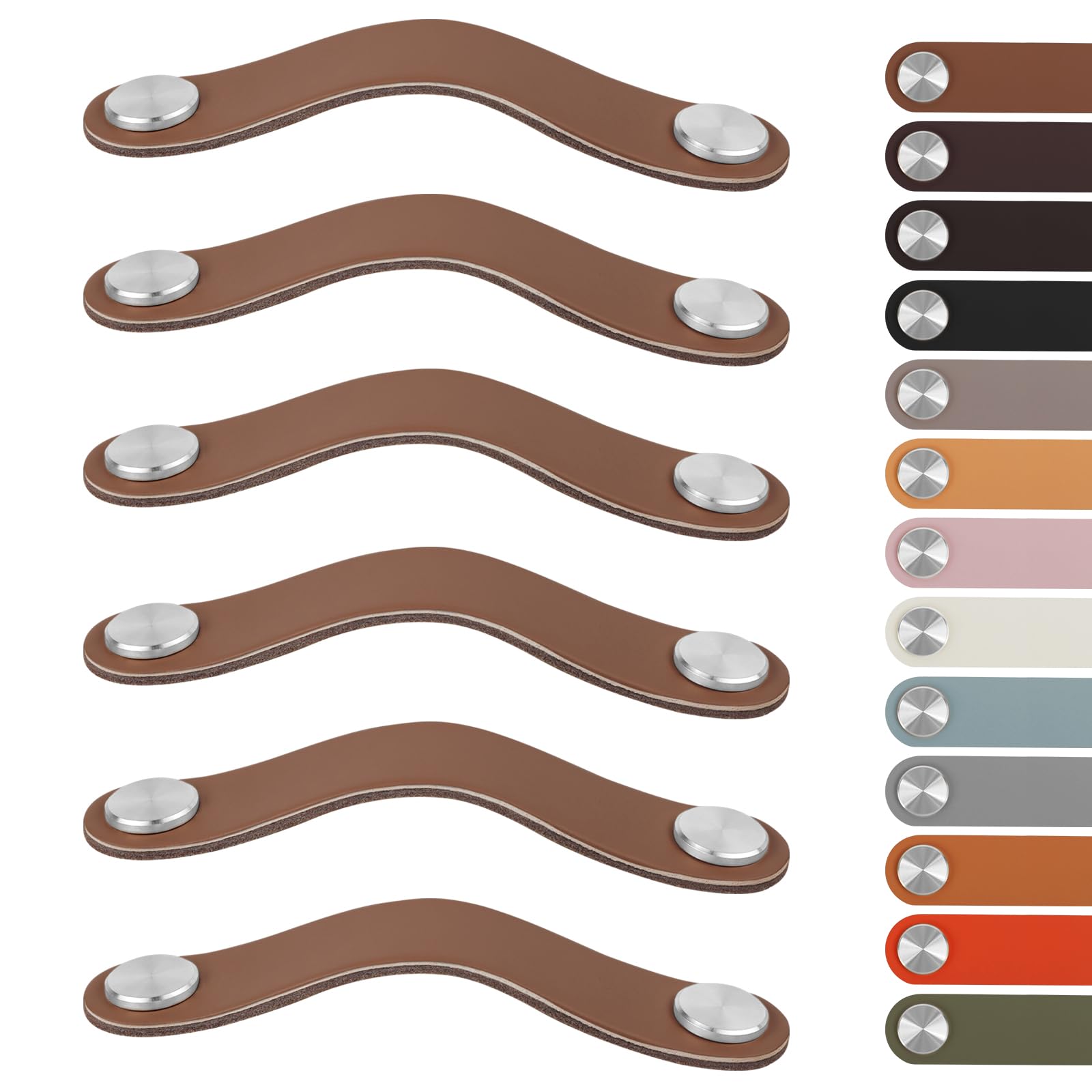 LEREATI 6pcs Leather Drawer Handles Fit to 160mm Cupboard Hole Pitch, Faux Leather Pulls Cabinet Handles, Drawer Knobs for Kitchen Bathroom Dresser Wardrobe (160mm Hole Center, Silver + Light Coffee)