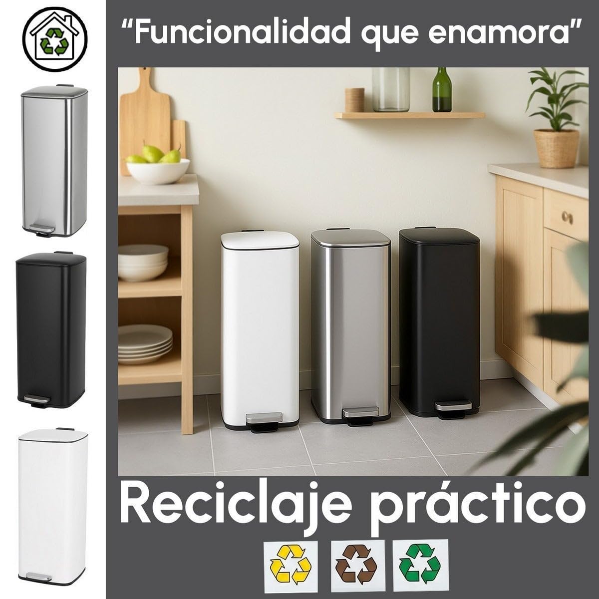 Cubo de Basura de 30 Litros de Acero Inoxidable Negro de 37x27x65 cm. Papelera con Cubo Interior Extraíble de Polipropileno con Asa y Apertura con Pedal